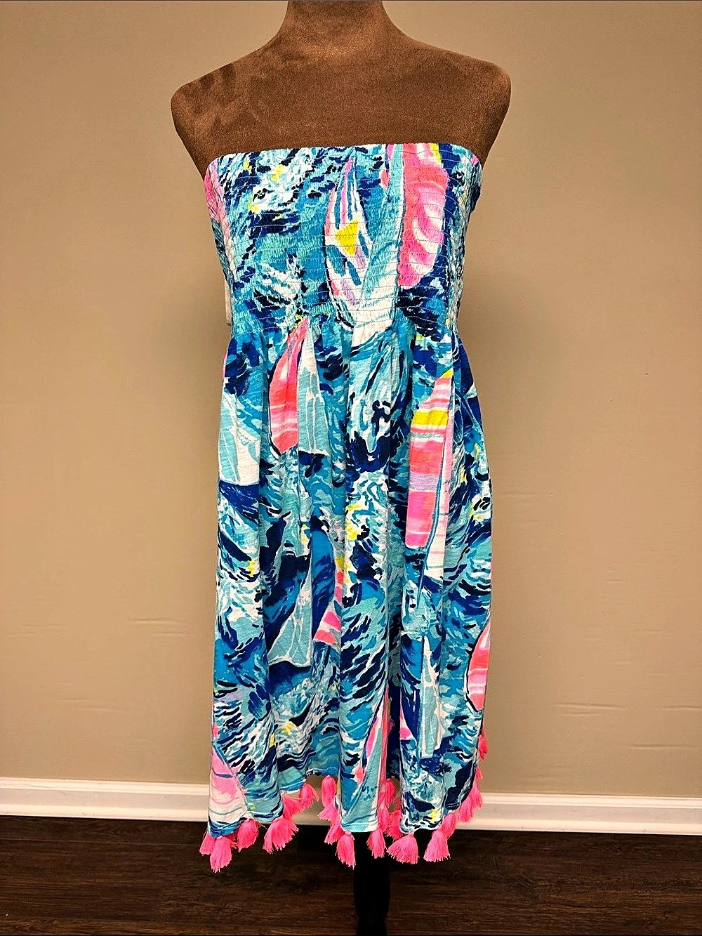 Lilly Pulitzer Abstract Strapless Dress in Blue & Pink Size XL